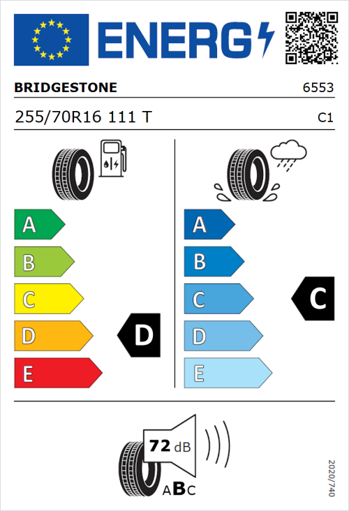 Tyre Label for Bridgestone Dueler H/T 684 II 255/70R16 111T