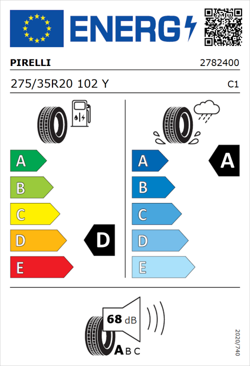 Tyre Label for Pirelli P Zero 275/35R20 102Y