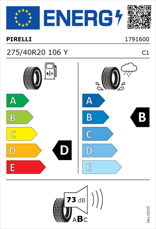 Tyre Label for Pirelli P Zero 275/40R20 106Y