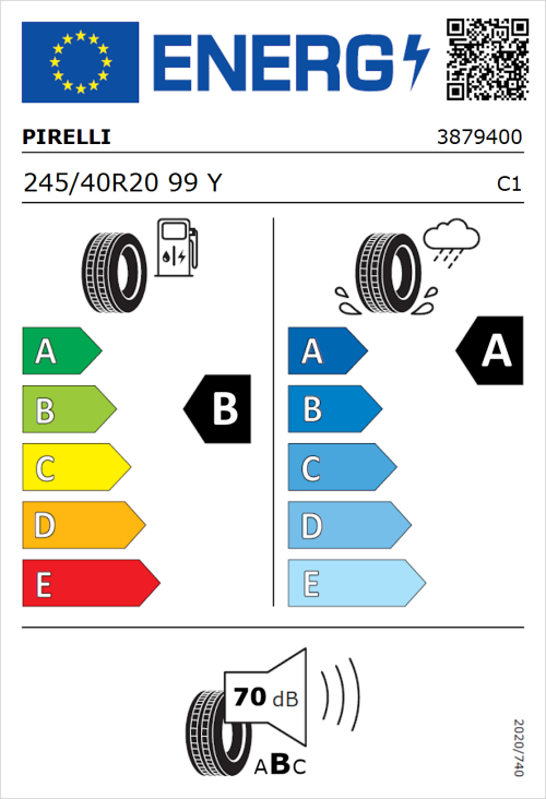 Tyre Label for Pirelli P Zero 245/40R20 99Y