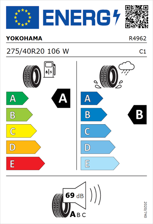 Tyre Label for Yokohama Advan Sport V107 275/40R20 106W
