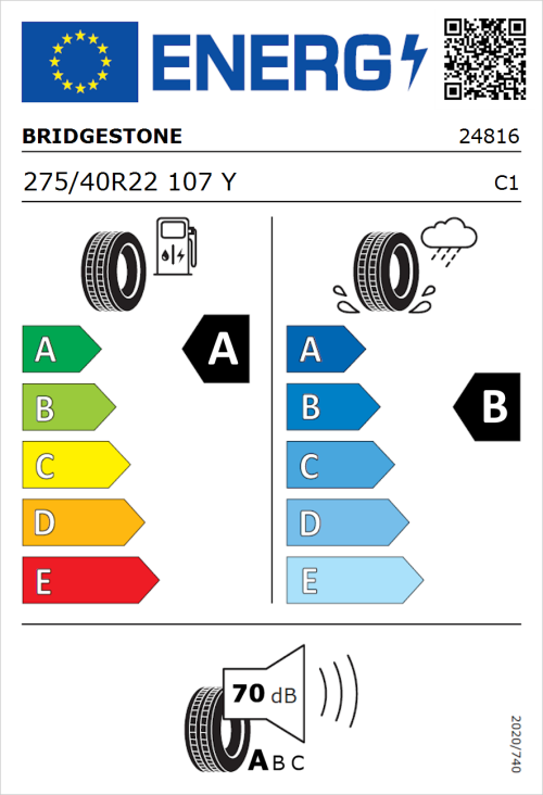 Tyre Label for Bridgestone Alenza 001 275/40R22 107Y