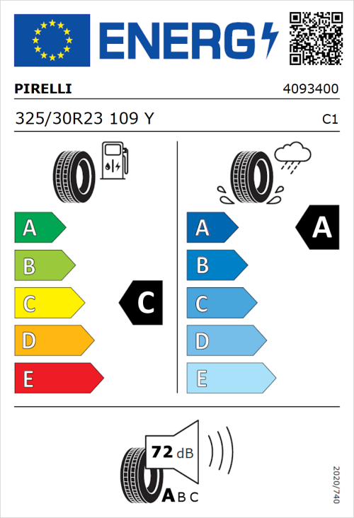 Tyre Label for Pirelli P Zero (PZ4) Sport Car 325/30R23 109Y
