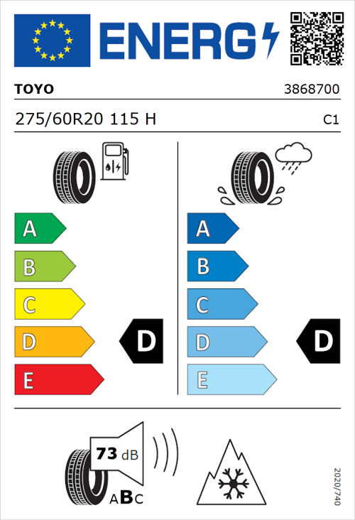 Tyre Label for Toyo Open Country ATIII 275/60R20 115H
