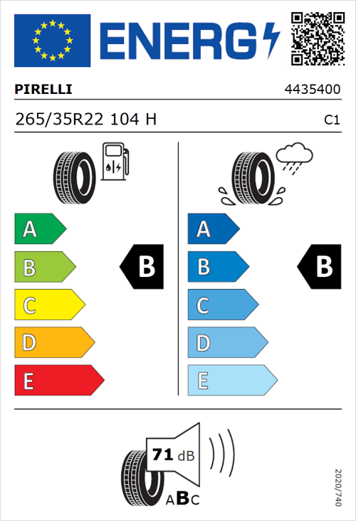 Tyre Label for Pirelli P Zero 265/35R22 104H