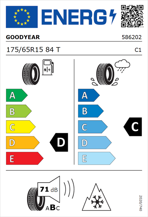 Tyre Label for Goodyear UltraGrip Performance 3 175/65R15 84T