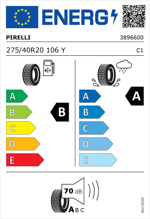 Tyre Label for Pirelli P Zero (PZ4) Sport Car 275/40R20 106Y