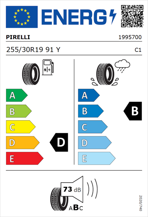 Tyre Label for Pirelli P Zero 255/30R19 91Y