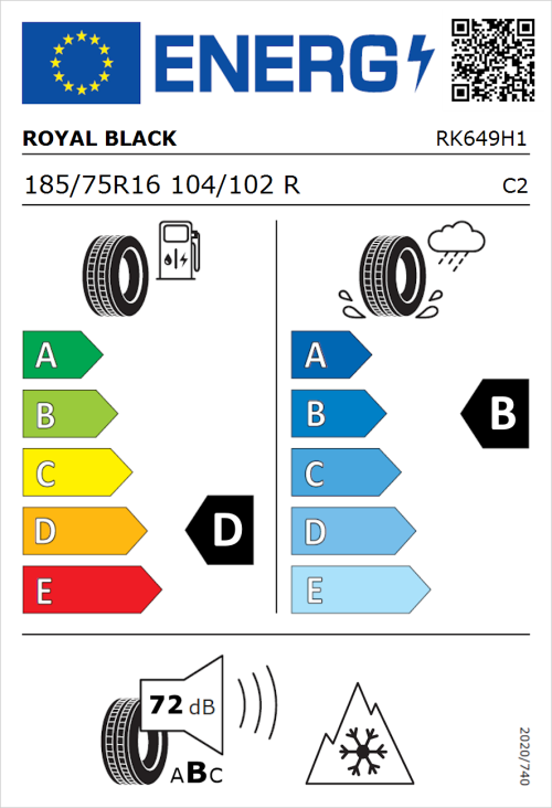 Tyre Label for Royal Black Commercial 185/75R16 104/102R